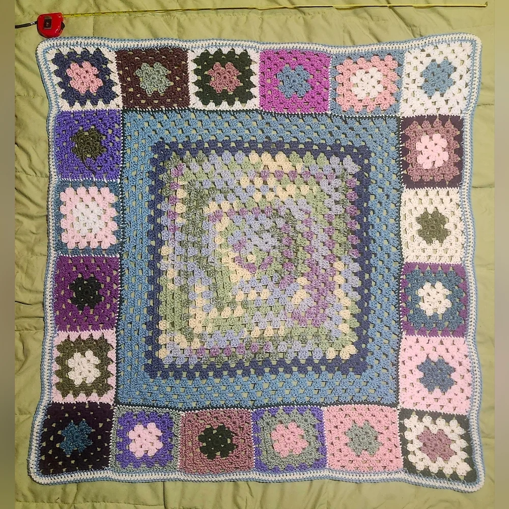 Homemade Purple, Pink, Sage Green 42" By 42" Crochet Blanket - Picture 1 of 6
